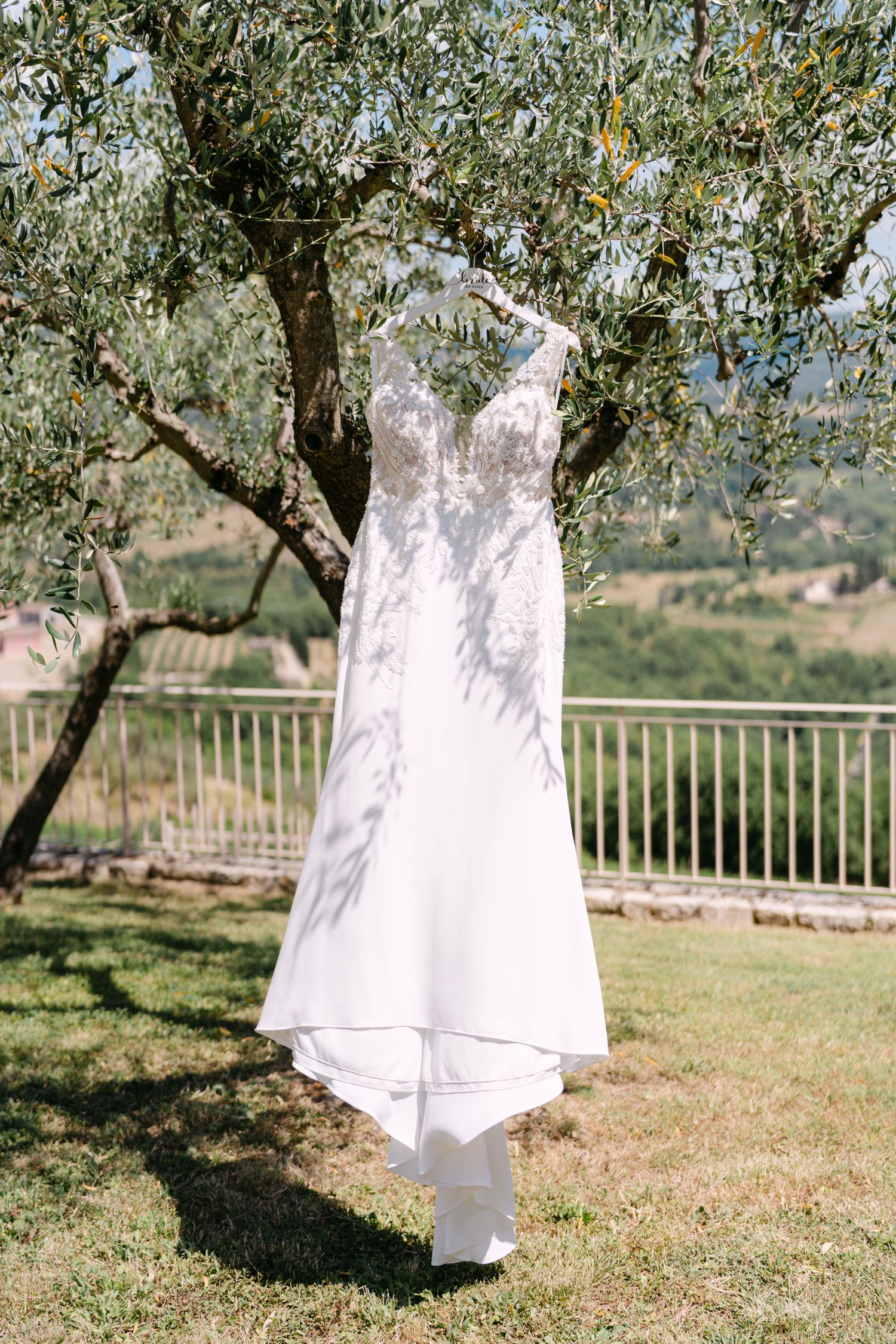 Weißes Brautkleid an Olivenbaum
