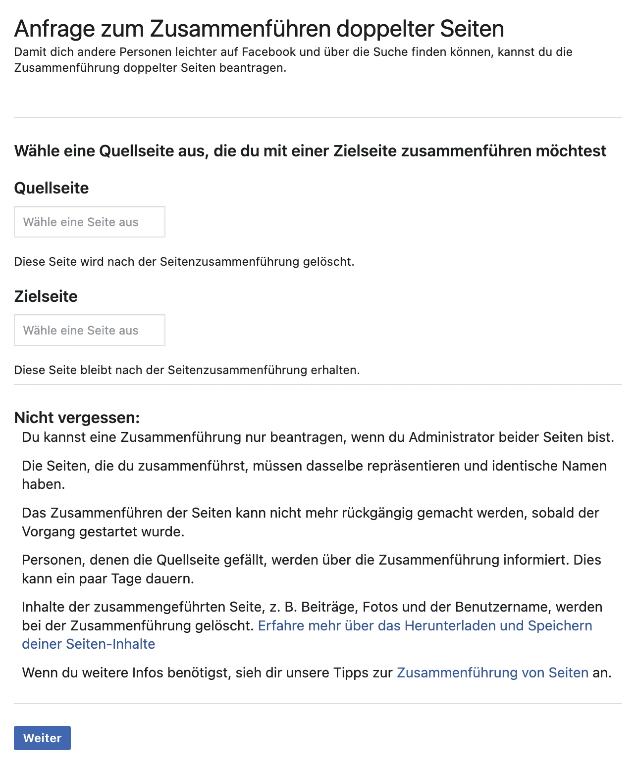 Facebook Seite auf der die Seiten zusammengeführt werden