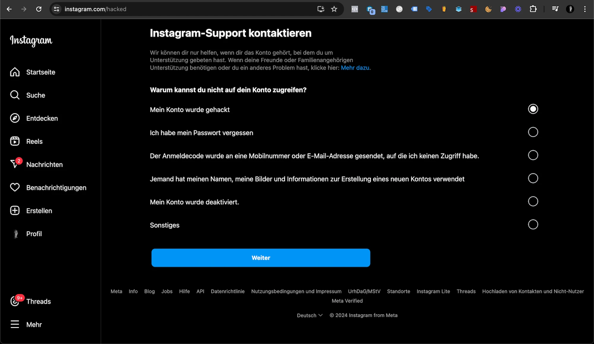 Instagram Hacked Formular