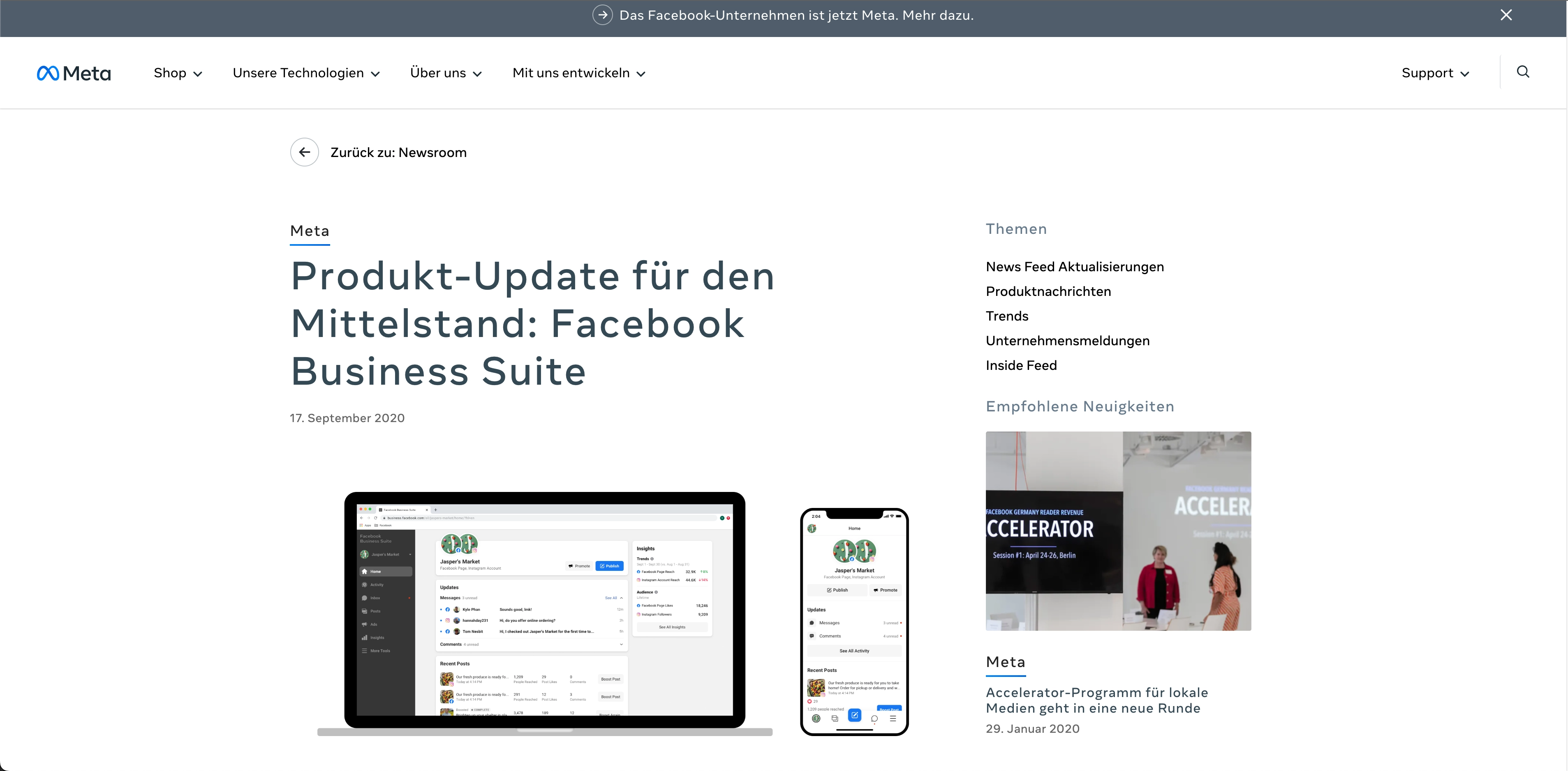 Artikel Meta Newsroom - Facebook Business Suite