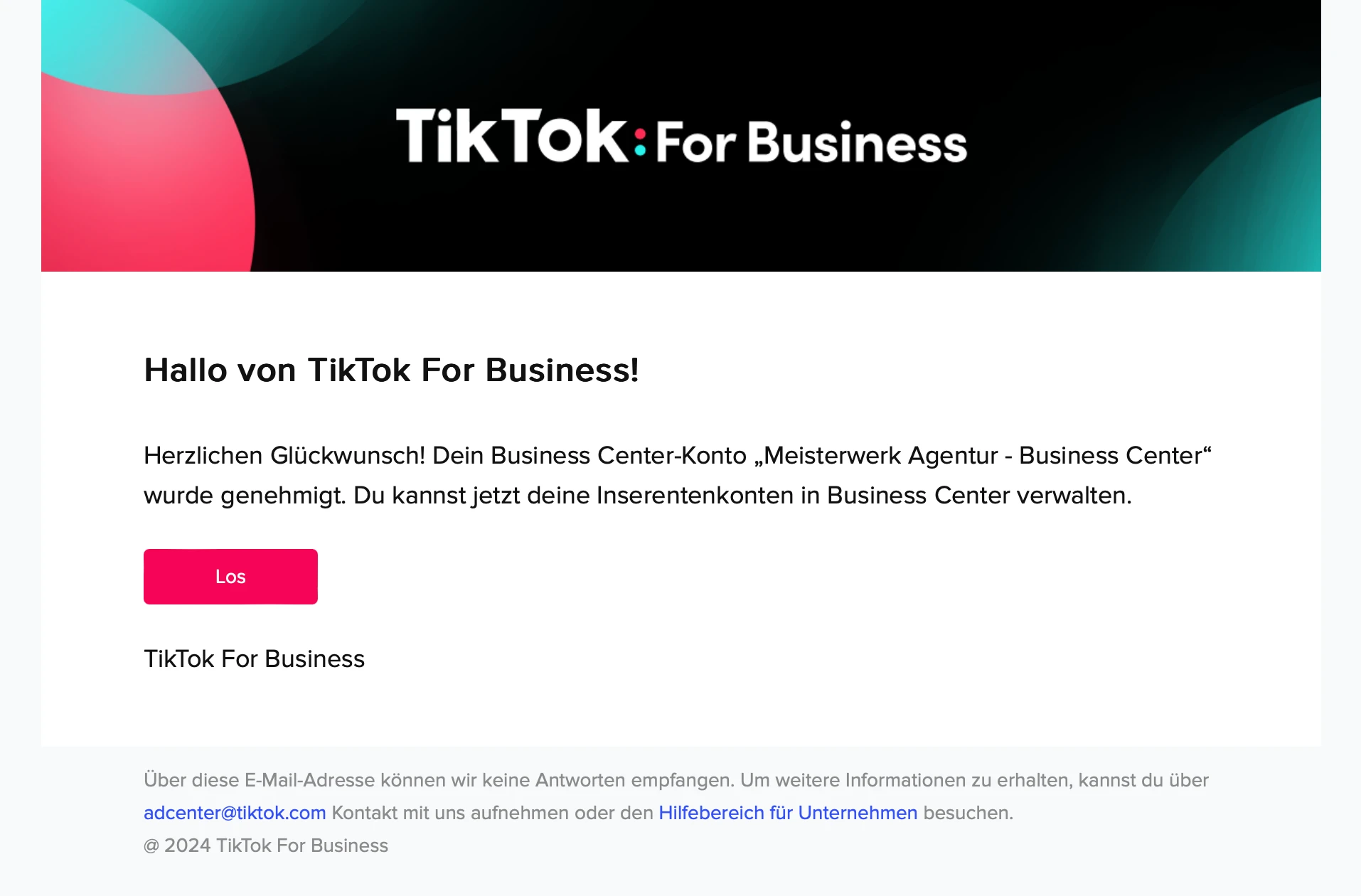 Bestätigungs-Mail erfolgreiche Einrichtung TikTok Business Center