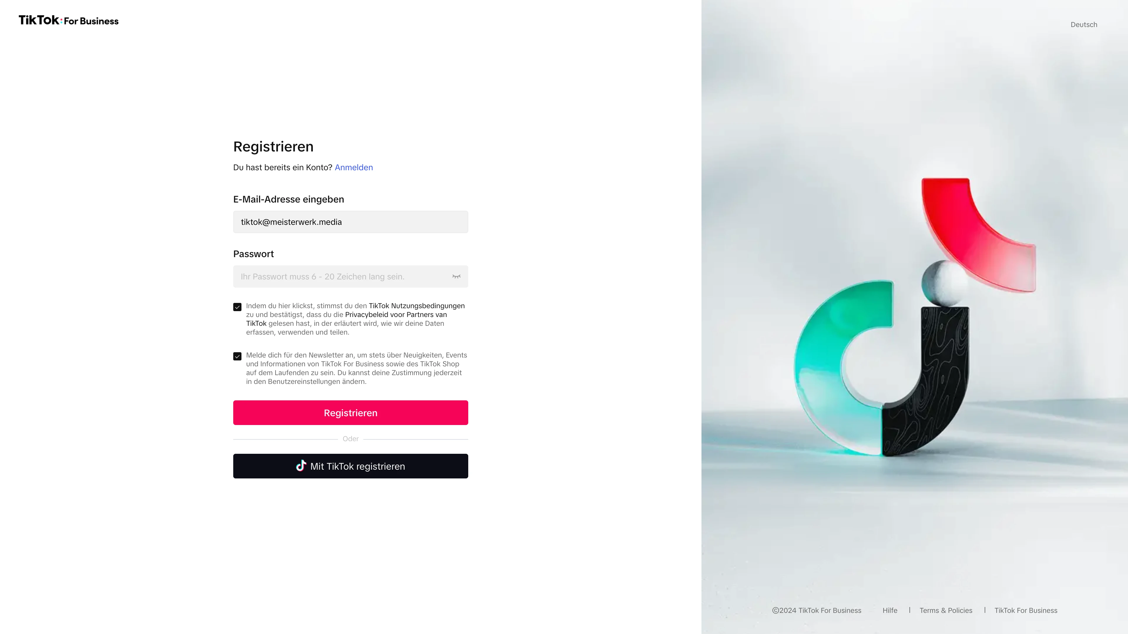  Registriere dich mit deiner E-Mail oder per TikTok-Nutzer-Profil